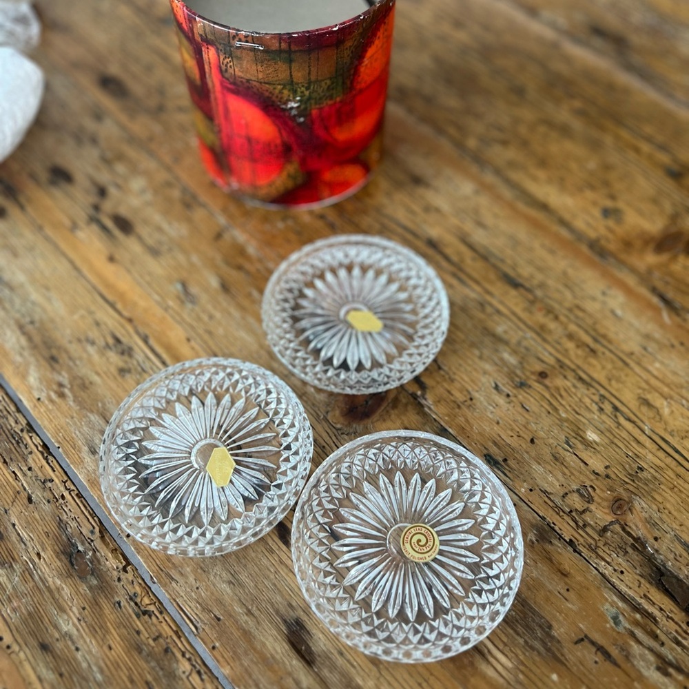 Set of 6 Vintage etched leaded glass coasters
